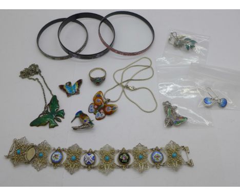 Enamelled jewellery; three bangles, a ring, filigree bracelet and earrings, etc. 