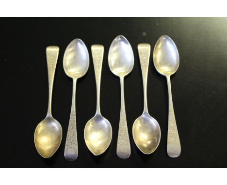 A set of six Old English pattern silver teaspoons, foliate engraved, Sheffield 1900, John Sanderson 12.5cm 79grams gross, sol