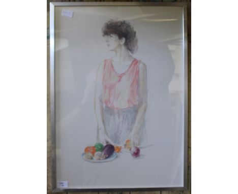 In the manner of Adrian George or David Hockney, a coloured pencil drawing of a young woman chopping vegetables, unsigned wit