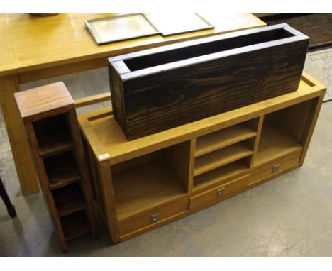 A modern light oak cupboard, imported wood storage shelves, and a 'floating' shelf, used condition with scratches