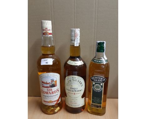 Two 1 litre bottles of blended Scotch Whisky - Sir Edward's &amp; The Glen Silver and a 70cl bottle Hunter's Glen, all import