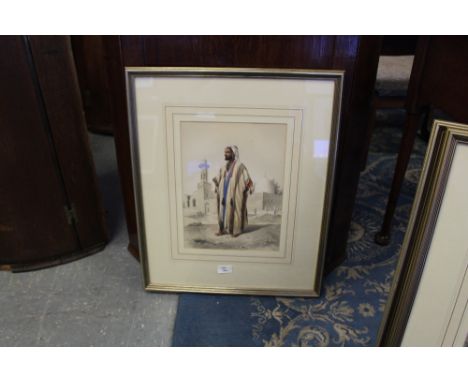 Emile Prisse D'Avennes (1807-1879), coloured lithograph, Arabic man before a Mosque, 33cm x 24cm, silvered frame and glazed, 