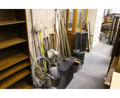 A Large quantity of various garden tools, galvanized watering can, spark guard etc