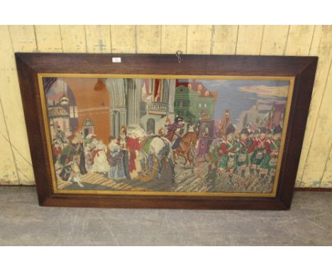 A large woolwork tapestry, depicting The Duke of Wellington receiving the news of Napoleon's approach, worked in polychrome t