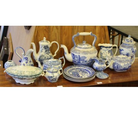 An oversized Spode Italian pattern tea kettle and a selection of mixed blue and white China,
