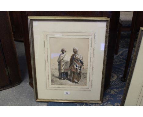 Emile Prisse D'Avennes (1807-1879), coloured lithograph, Two Arabic figures, 33cm x 24cm, silvered frame and glazed, purchase