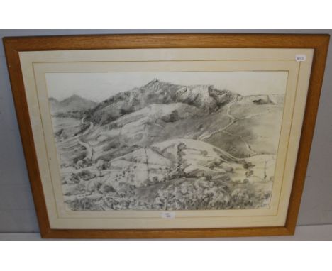Judith Valentine (Local) 'Blencathra' landscape in charcoal, initialled to lower left, within a card mount and light oak fram