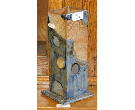 A Sarah Valentine studio pottery slab vase/ t-light holder, with unglazed combed decoration, pierced and relief moulded round