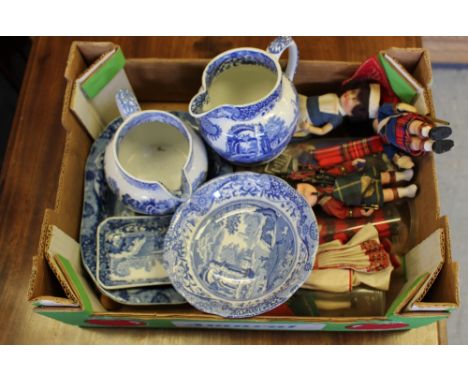 A small selection of Spode Italian pattern wares and some Scottish dolls, generally good condition.