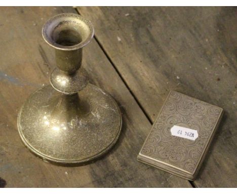 A Victorian silver dressing table box lid, 8.8cm x 5.8cm 44grams, a Baldwin &amp; Miller Sterling silver candlestick, 296, we