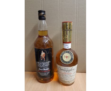 Old 75cl bottle Old Smuggler blended Scotch Whisky, Italian import and a 1 litre bottle Highland Legen blended Scotch Whisky
