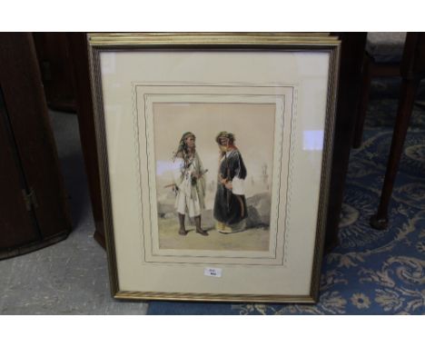 Emile Prisse D'Avennes (1807-1879), coloured lithograph, Two Arabic figures, 33cm x 24cm, silvered frame and glazed, purchase