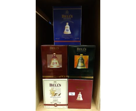 Five 70cl Bells Christmas blended Scotch Whisky decanters - 1995, 1996, 1997, 2000 &amp; 2001, all boxed