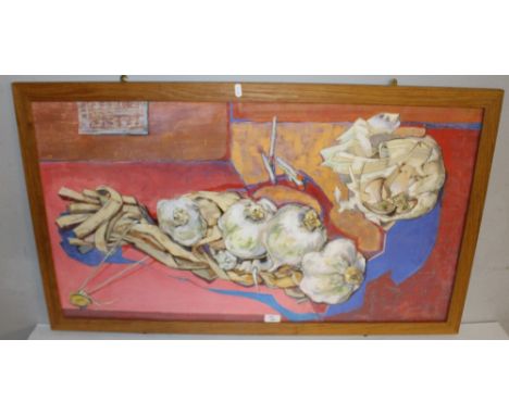 Judith Valentine (Local) pastel &amp; ink 'Garlic' within a moulded light oak frame, under glass, 54cm x 97cm in good conditi