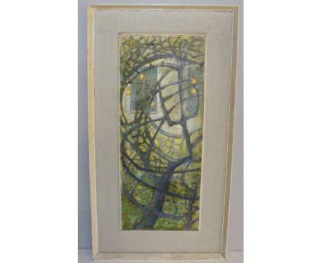 A 1970's oil on canvas on board, tree study, with broad canvas and white painted wood frame, bearing handwritten label verso 
