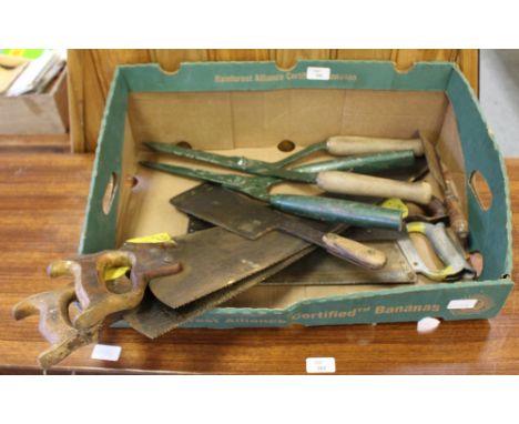 A small selection of vintage tools, tenon saws, saws, shears, cleaver. used condition.