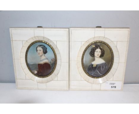A pair of decorative portrait miniatures, most likely over-painted prints, bearing signature M Stieler, 8cm x 6cm within pian