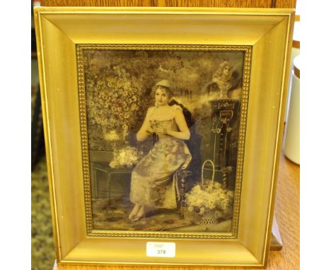 A Victorian chrystoleum, depicting a young seated lady in a interior setting, within a gilt swept frame, with Cash Chemists B