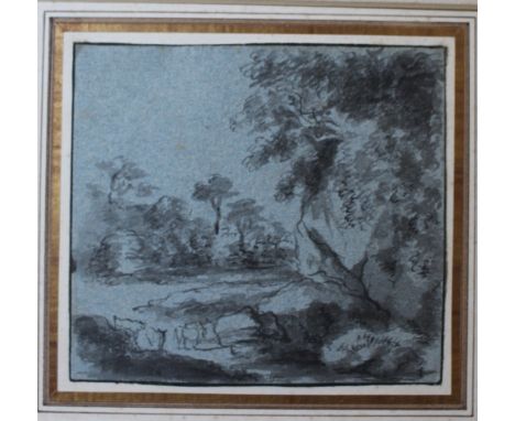 A 19th century English school monochrome watercolour sketch, rocky outcrop, on blue/grey paper, within a broad card mount but
