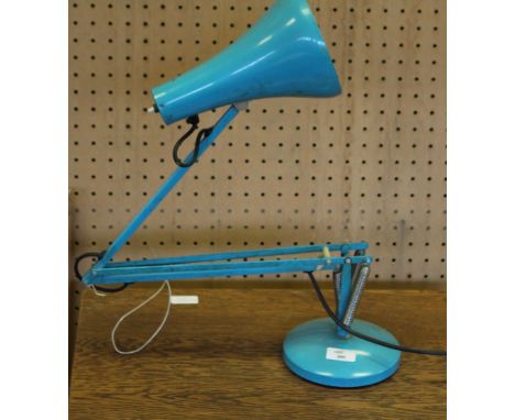 A vintage style turquoise blue angle-poise lamp, with weighted base, used condition with some marks and scratches.