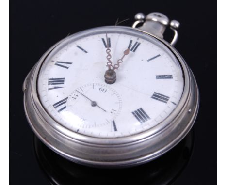 A George III silver pair cased gents open faced pocket watch, having a white enamel dial with subsidiary seconds dial (hairli