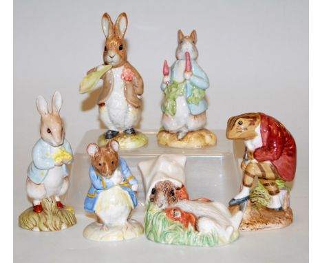 A collection of six Royal Albert Beatrix Potter figures, to include; Peter with daffodils, Gentleman Mouse made a bow, Benjam