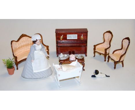 Three boxes of assorted dolls house furniture, to include; French salon sofa, Queen Anne style chairs, dresser, rugs etc 