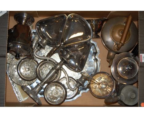 A box of miscellaneous metal wares to include three sconce table candelabra, range kettle etc