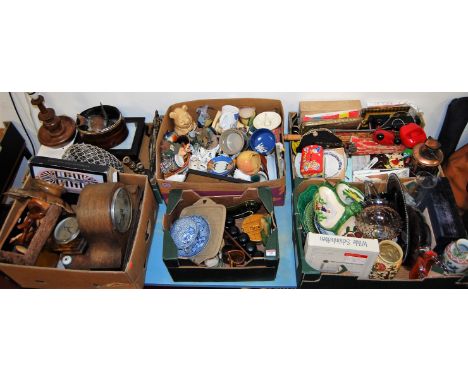 Six boxes of miscellaneous items to include turned oak table candlestick, 1930s oak cased mantel clock, oak cased barometer, 
