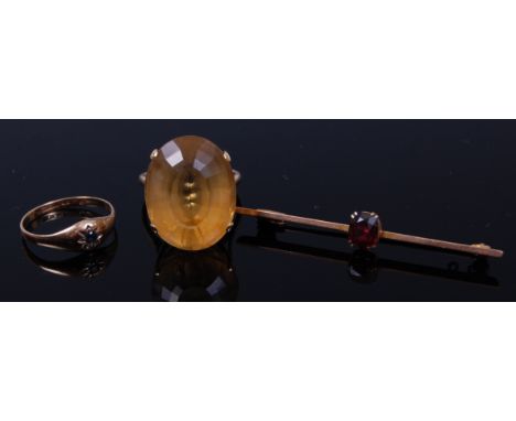 A 9ct gold sapphire set ring, size O; together with a modern 18ct gold large citrine set dress ring, size Q-; and a 9ct gold 