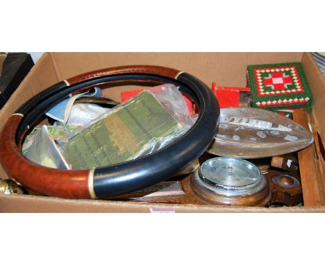 A box of miscellaneous items to include oak cased aneroid barometer, various brass ornaments etc