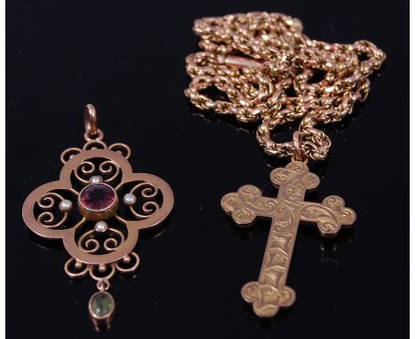 A 9ct gold and engraved cross pendant on 9ct fancylink neck chain, 7.7g; together with a 9ct gold amethyst and seed pearl set