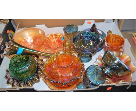 A box of miscellaneous carnival glassware to include marigold and amethyst examples