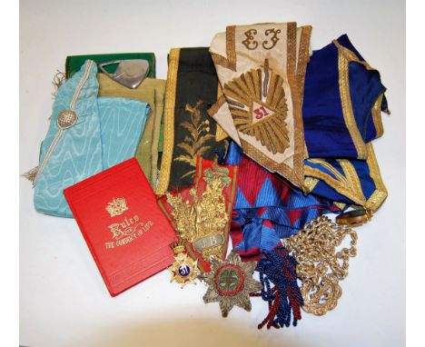 A box of miscellaneous Masonic regalia, to include; G Wing & Sons sash with Essex Lodge gilt metal pendant etc 