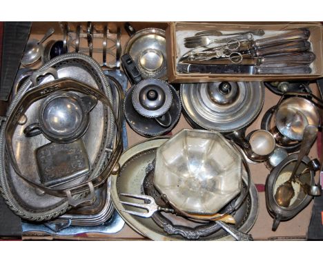 A box of miscellaneous silver plated wares to include early 20th century silver plated three piece tea service, loose flatwar