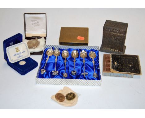 A small collection of miscellaneous items to include; Eastern embossed brass playing card holder, boxed The Gem puzzle, brass