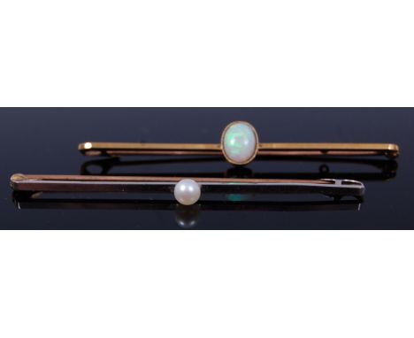 A 15ct gold opal set safety pin bar brooch, 3.1g, 6.2cm; together with a 9ct white gold safety pin bar brooch, set with a sin