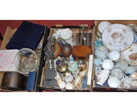 Three boxes of miscellaneous items, to include; various commemorative dishes, part tea service, trinket jars and covers, 1930