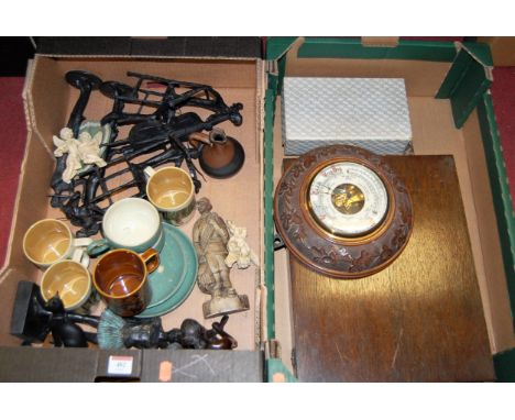 Two boxes of miscellaneous items to include an early 20th century carved walnut cased aneroid barometer, the enamel dial sign