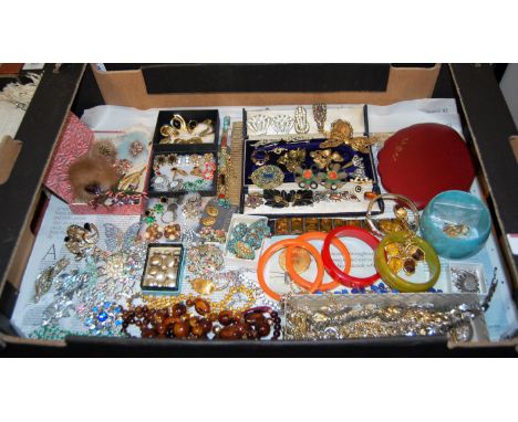 A box of miscellaneous costume and other jewellery, to include; ladies seed pearl and turquoise set brooches, clip-on earring