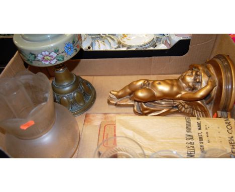 A box of miscellaneous items to include; Victorian oil lamp, reproduction cherub wall bracket etc 