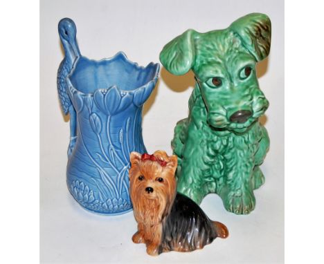 A large Sylvac green glazed model of a seated terrier, impressed mark verso No. 1380 together with a Sylvac blue glazed vase 