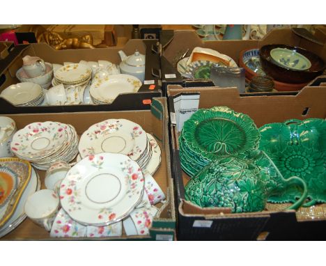 Four boxes of miscellaneous china, to include; Wedgwood strawberry dishes, majolica plate, Victorian part tea service, commem