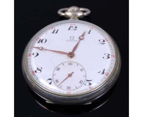 An Omega nickel cased gents open faced pocket watch, having a signed white enamel dial, subsidiary seconds dial, outer scale,
