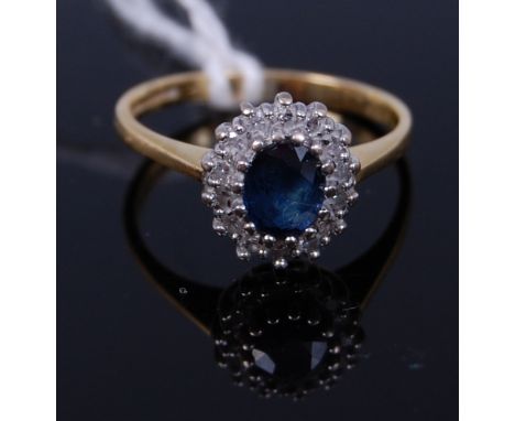 An 18ct gold, sapphire and diamond point set cluster ring, 3.2g, size M