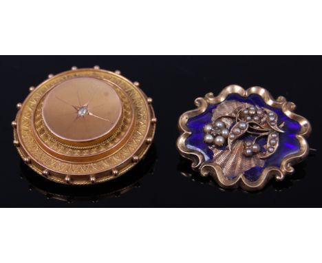 A circa 1900 9ct gold and diamond set brooch, of tiered cylindrical form, gross weight 6.5g, dia. 3.5cm; together with a yell