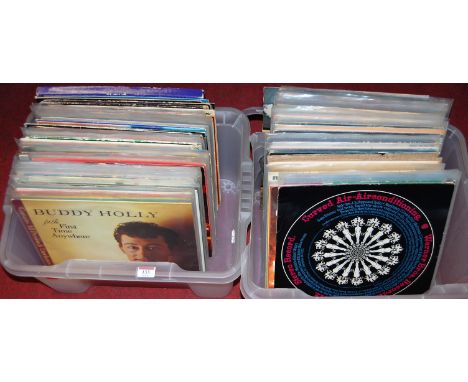 Two boxes of assorted long playing records to include Curved Air 'Air Conditioning', Rock n Roll Jamboree by various artistes