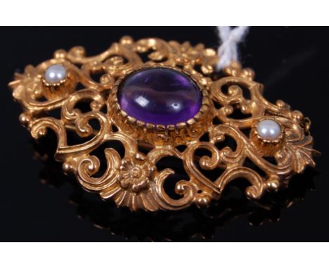 A Victorian style 9ct gold, amethyst and seed pearl set openwork brooch, of lozenge shape, 10.7g, 4.5cm
