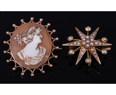 A 15ct gold and seed pearl set snowflake brooch, 4.1g, 2.5cm; together with a carved shell cameo brooch in 9ct gold mount, 3.