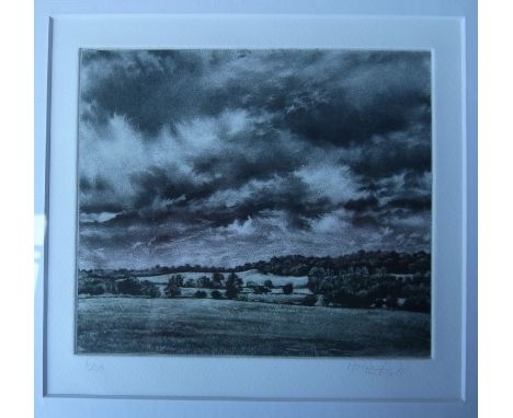 MARTIN MITCHELL (XX/XXI British): A framed and glazed mezzotint, landscape with stormy sky. Signed in pencil and numbred 1/20